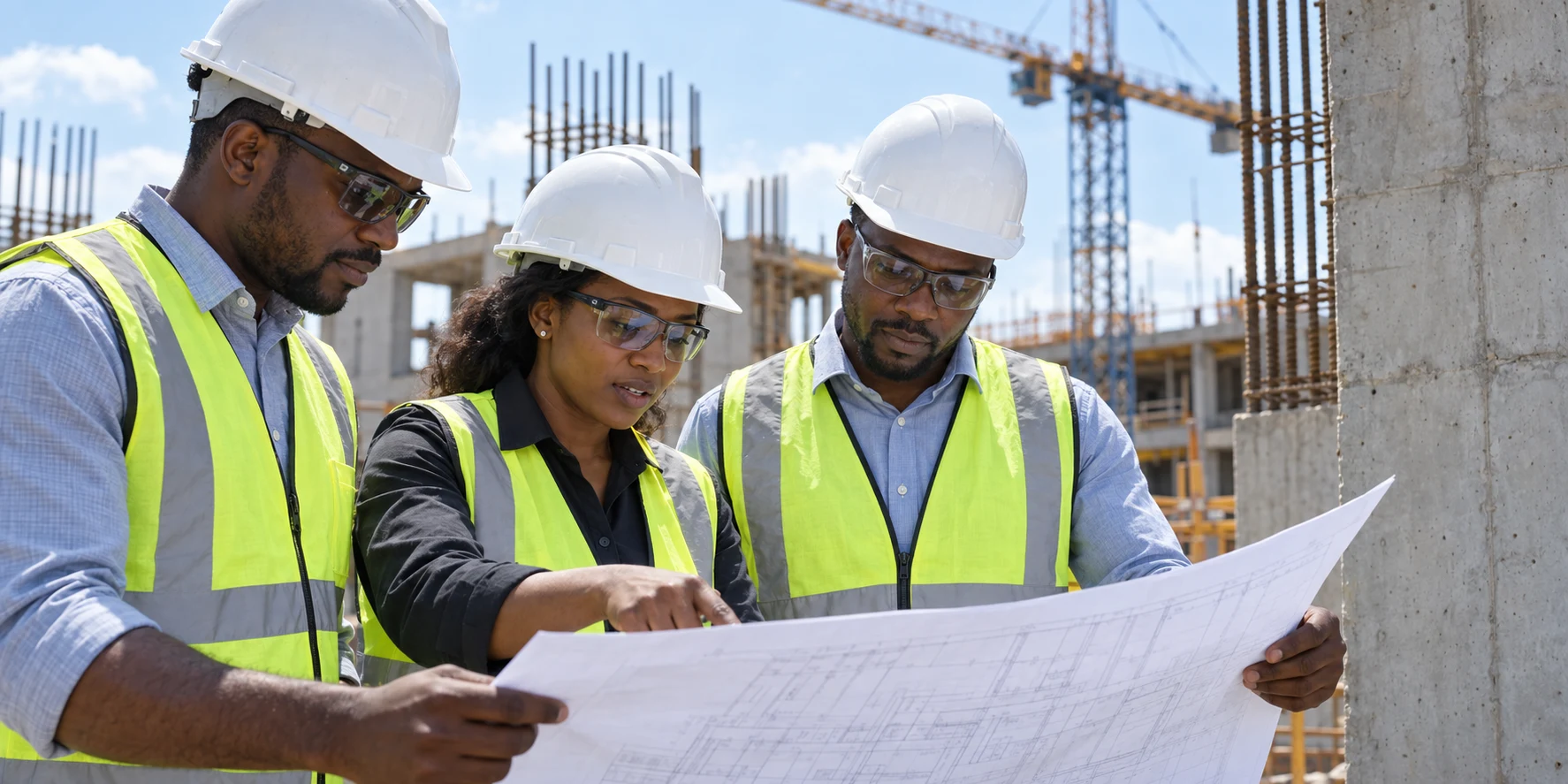 Illustration d’une équipe d’ingénieurs étudiant les plans sur un chantier